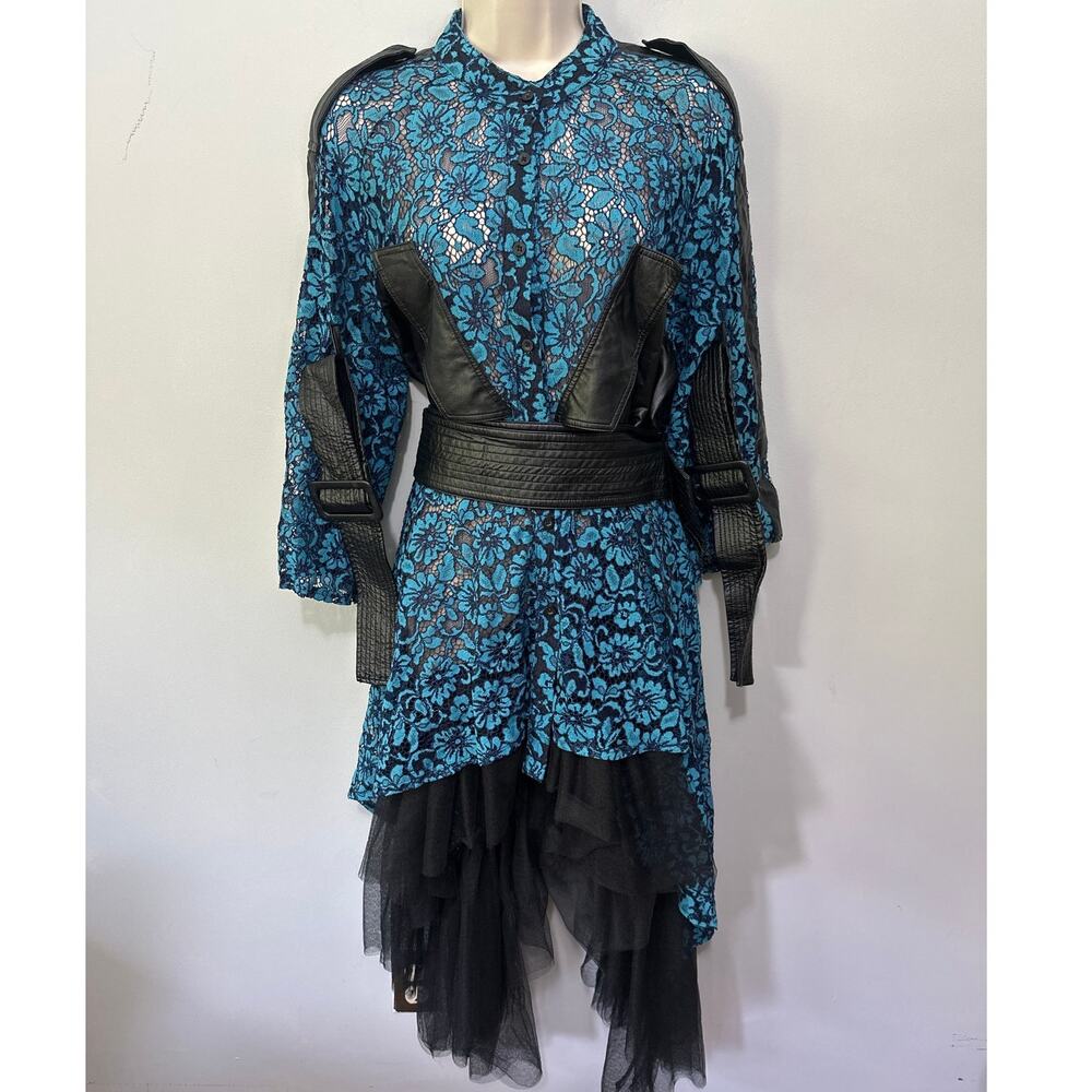 Tov Dress 40 US 8 Blue Lace Faux Leather Trim Hi Low Edgy Indie Goth Steampunk